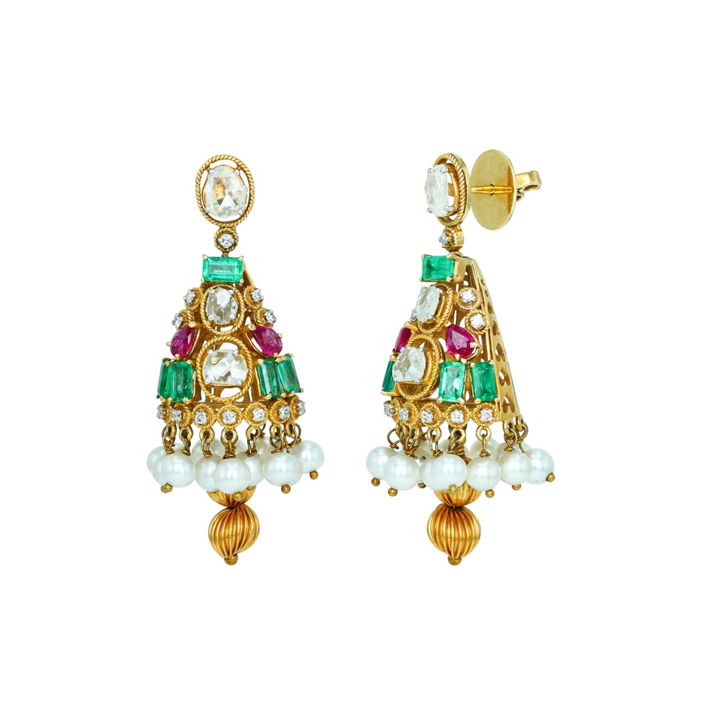 Tiered Polki Jhumkas with Emerald Colour Stone, Ruby, and Pearls